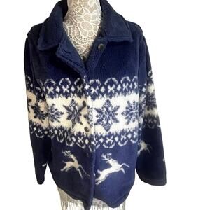 St. John’s Bay blue button up jacket with white snowflakes and reindeer